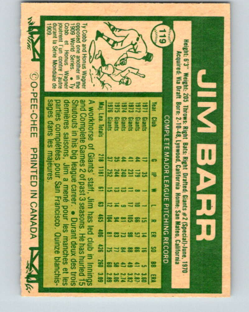 1977 O-Pee-Chee #119 Jim Barr San Francisco Giants V29046