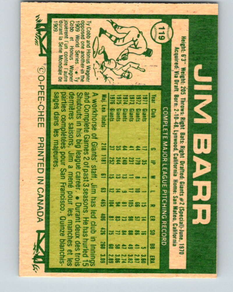 1977 O-Pee-Chee #119 Jim Barr San Francisco Giants V29047