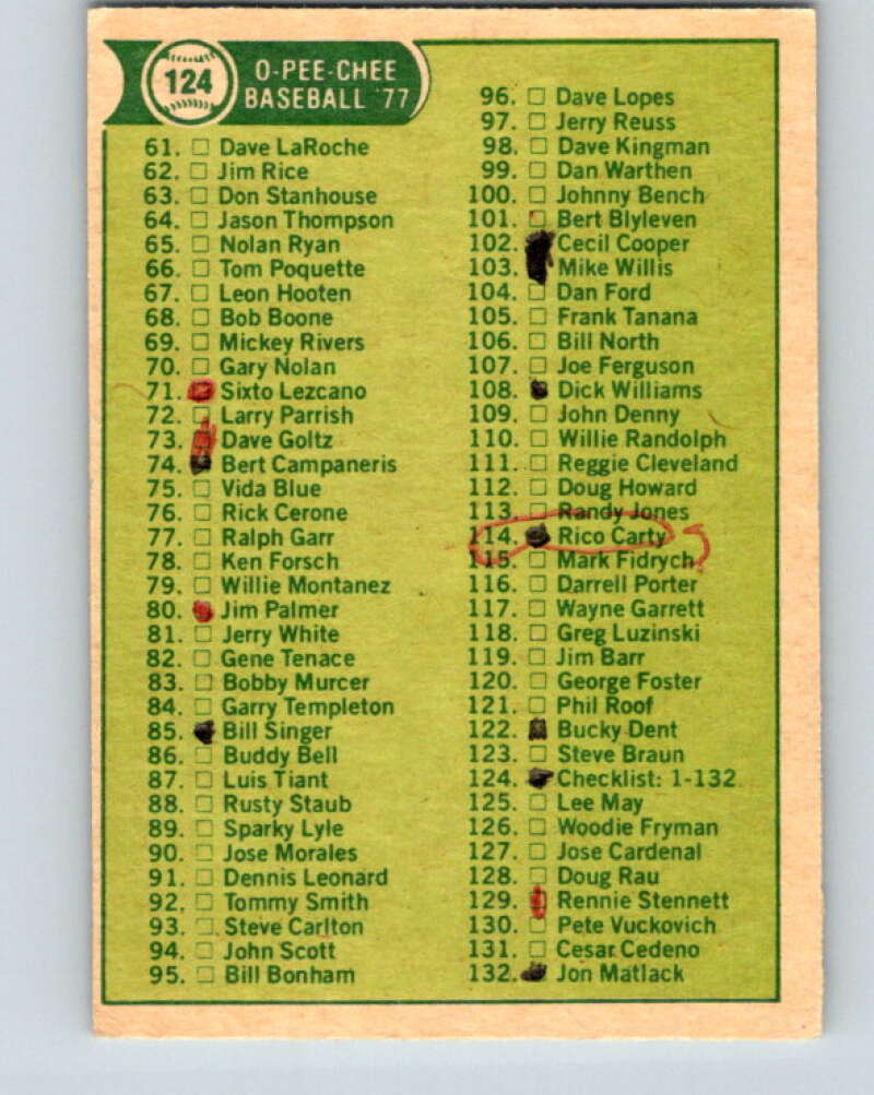 1977 O-Pee-Chee #124 Checklist 1-132 Various V29053