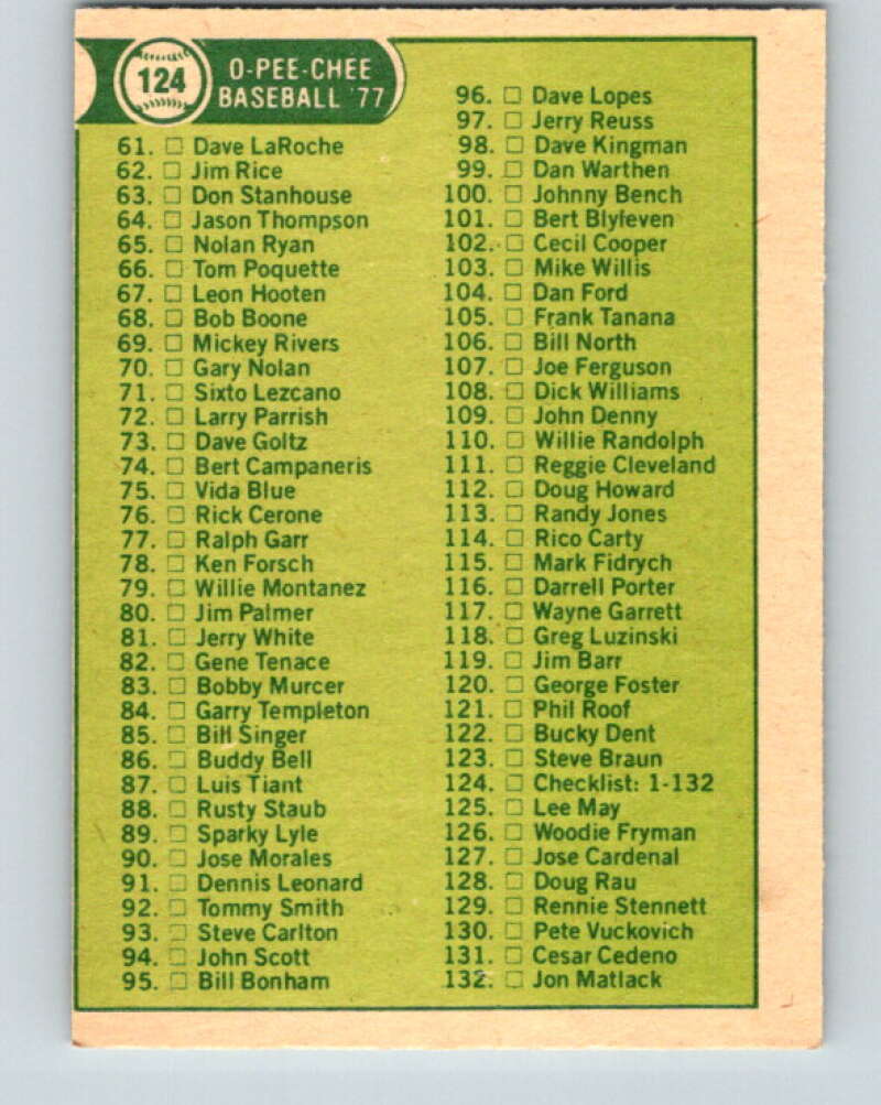 1977 O-Pee-Chee #124 Checklist 1-132 Various V29055