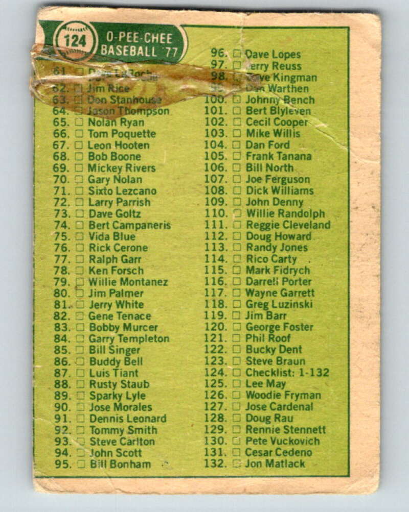 1977 O-Pee-Chee #124 Checklist 1-132 Various V29056