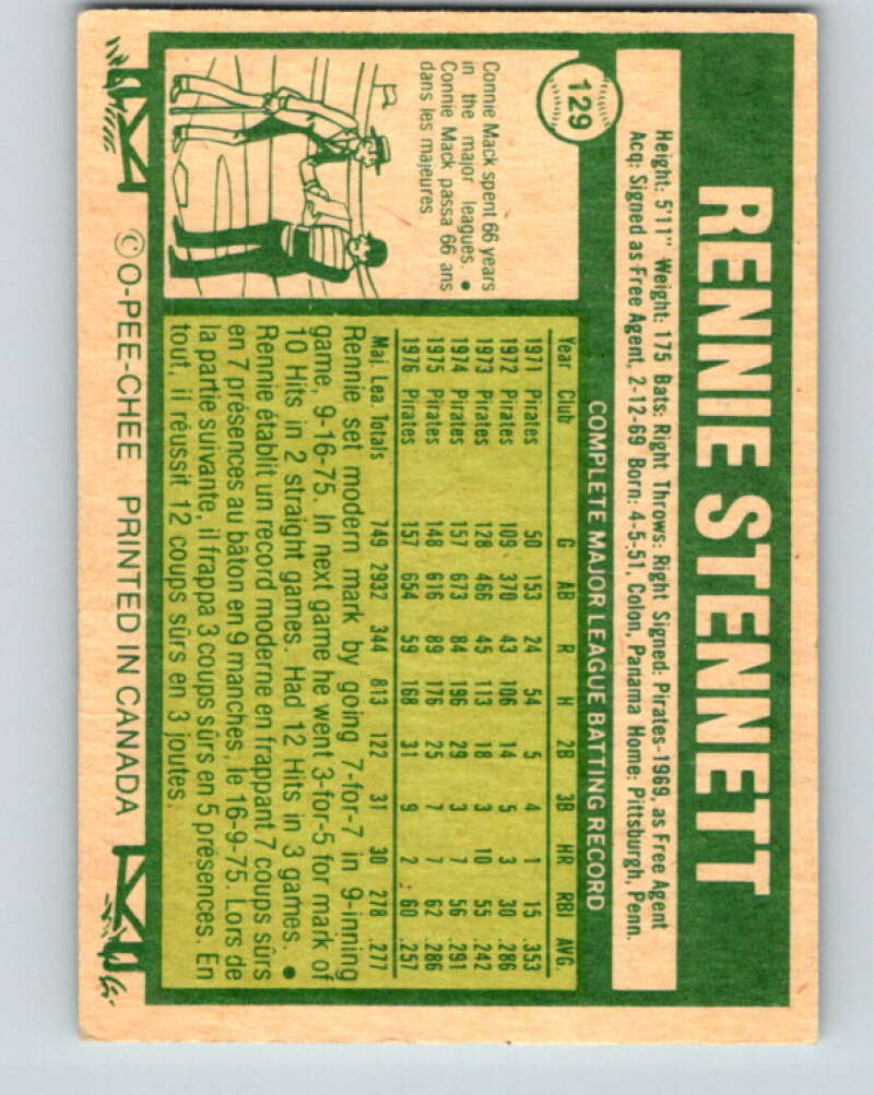 1977 O-Pee-Chee #129 Rennie Stennett Pittsburgh Pirates V29066