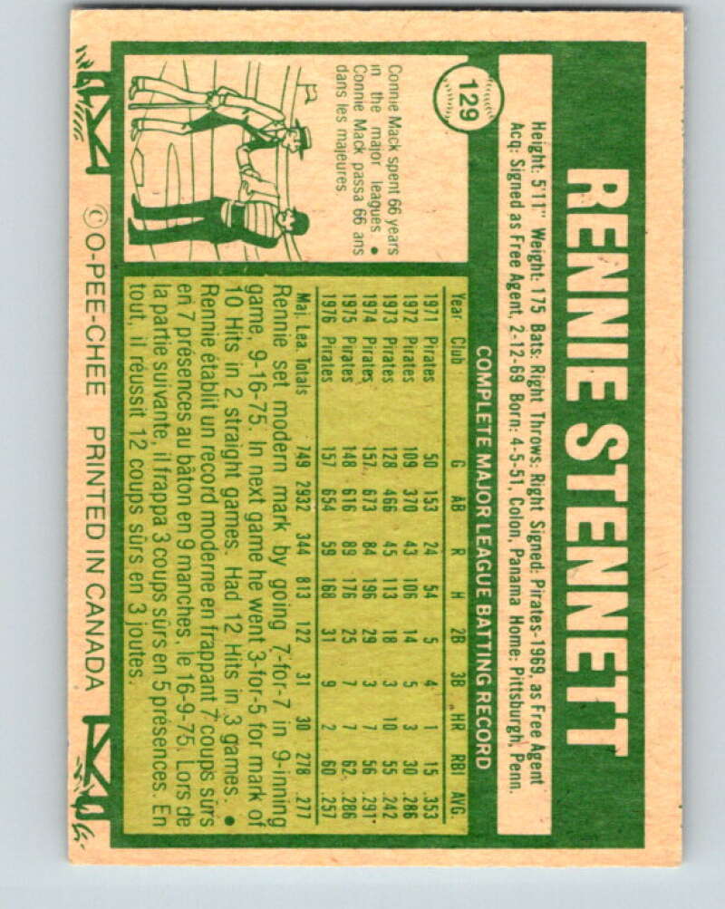 1977 O-Pee-Chee #129 Rennie Stennett Pittsburgh Pirates V29067