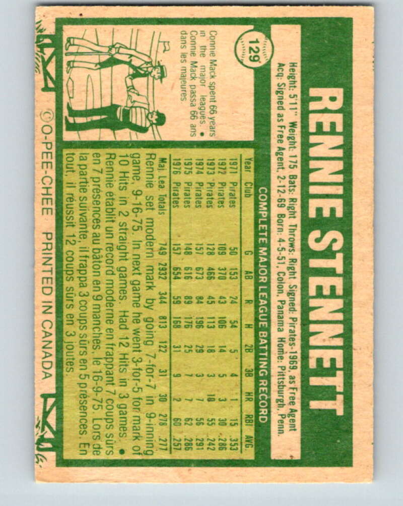 1977 O-Pee-Chee #129 Rennie Stennett Pittsburgh Pirates V29068