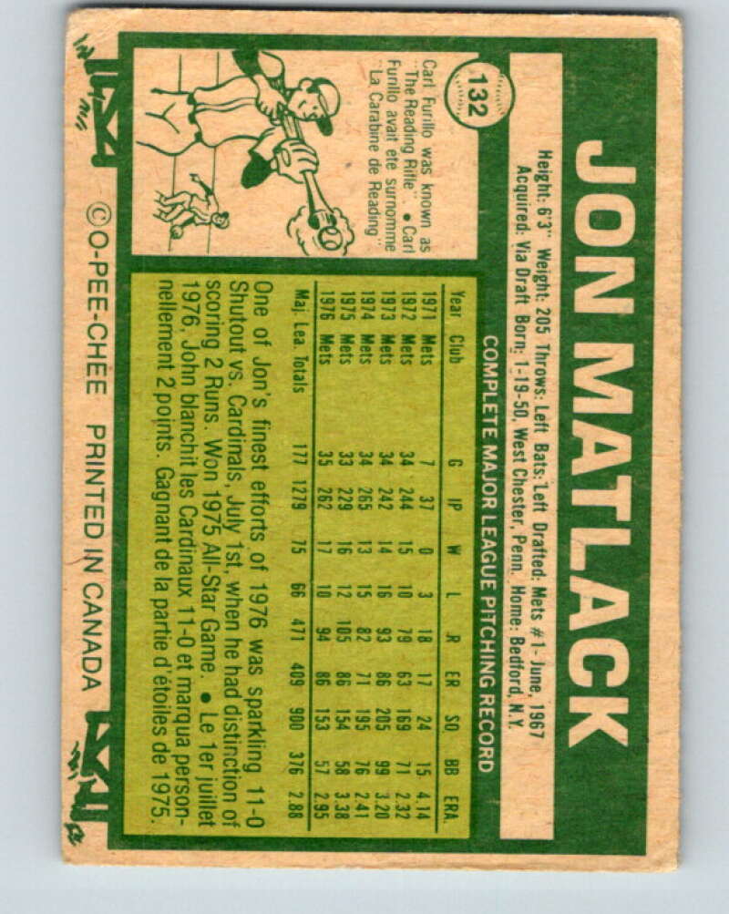 1977 O-Pee-Chee #132 Jon Matlack New York Mets V29074