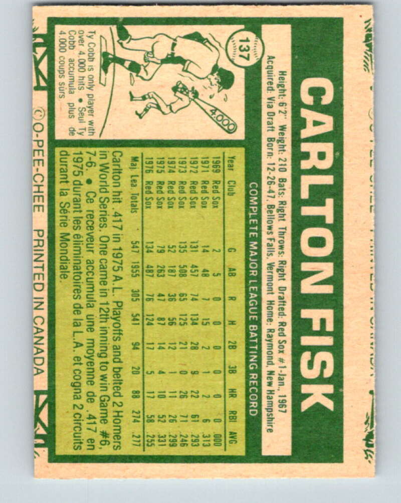 1977 O-Pee-Chee #137 Carlton Fisk Boston Red Sox V29089