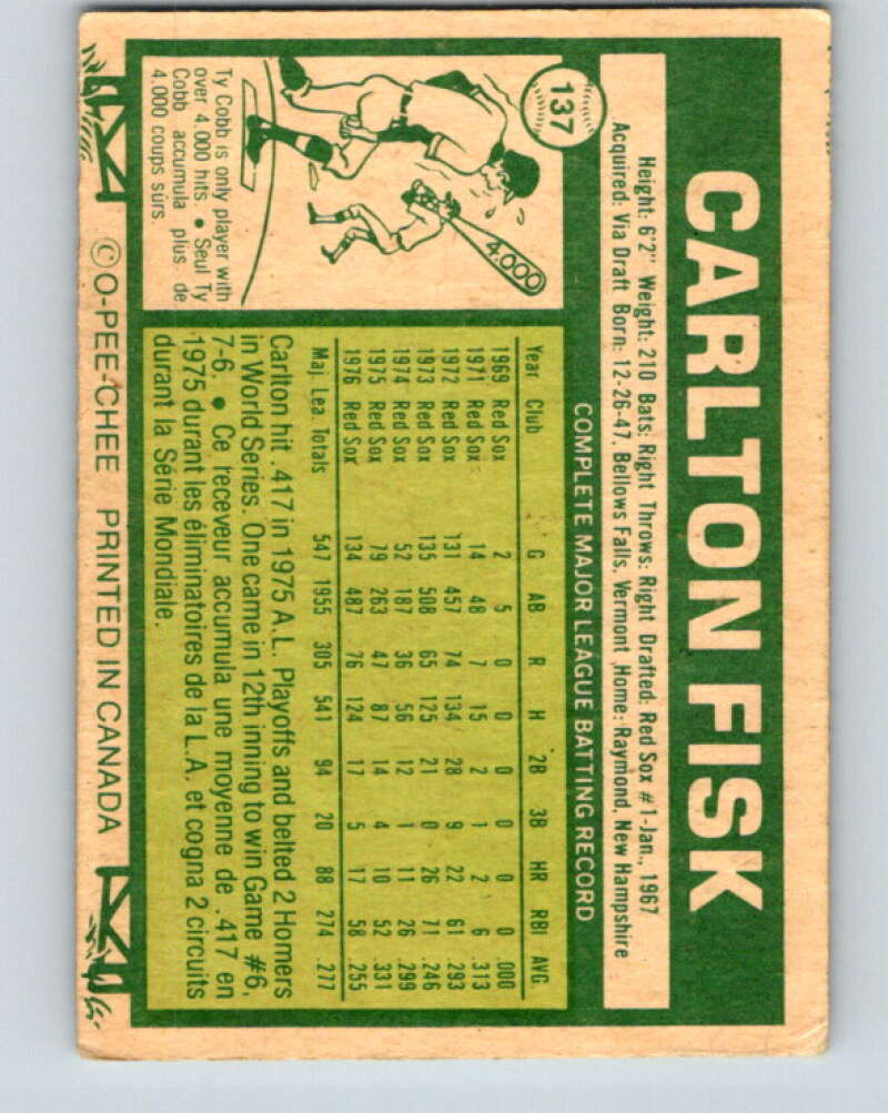 1977 O-Pee-Chee #137 Carlton Fisk Boston Red Sox V29090
