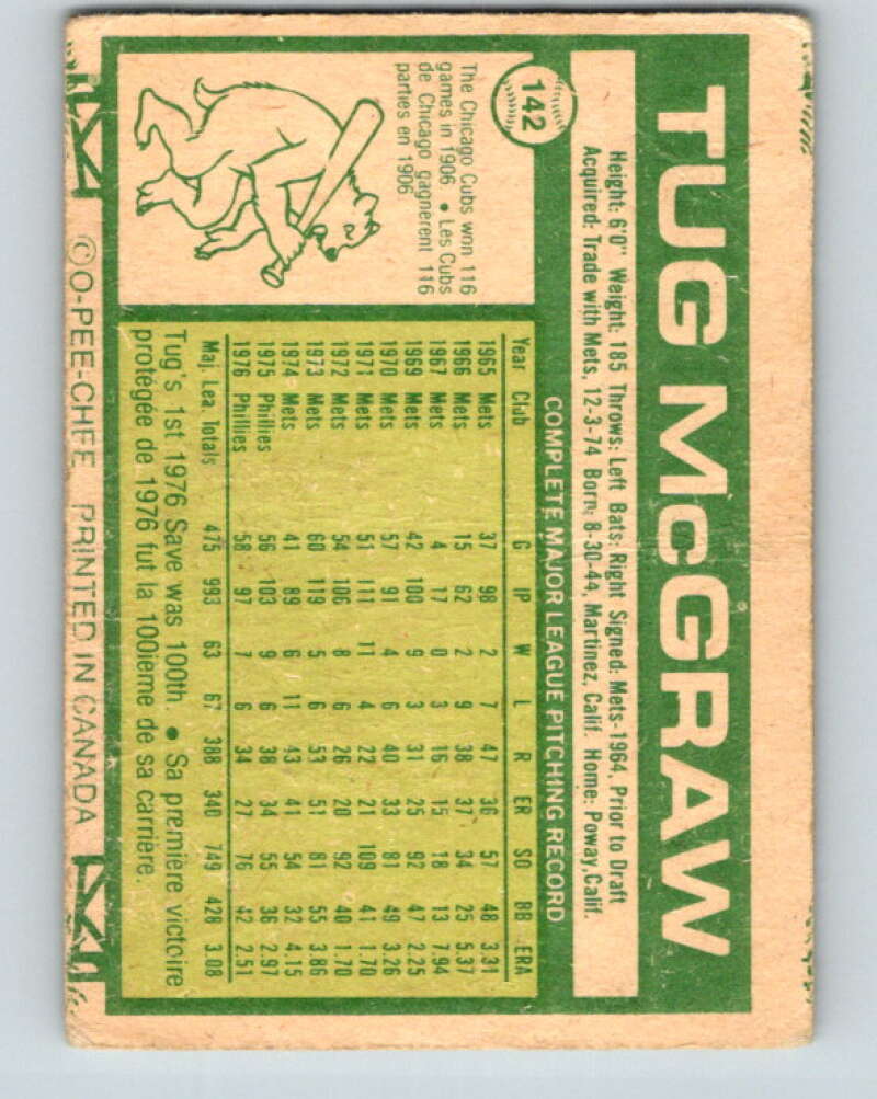 1977 O-Pee-Chee #142 Tug McGraw Philadelphia Phillies V29099