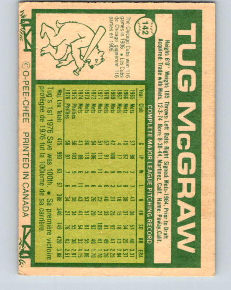 1977 O-Pee-Chee #142 Tug McGraw Philadelphia Phillies V29100