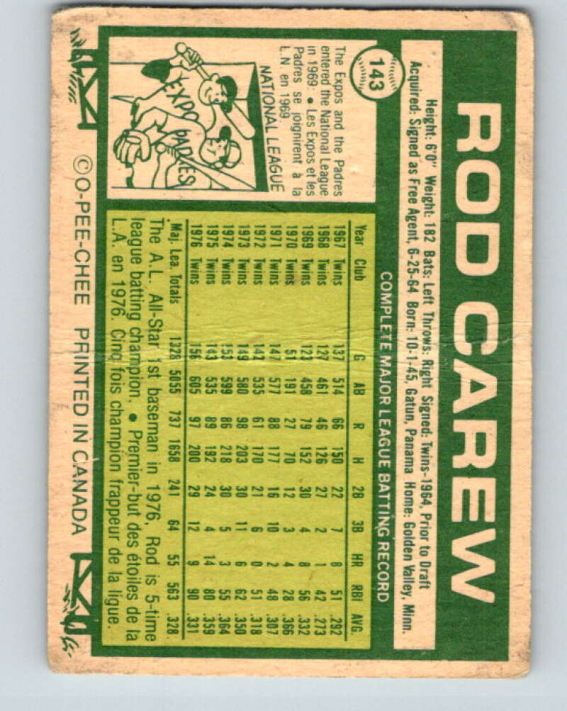 1977 O-Pee-Chee #143 Rod Carew Minnesota Twins V29101