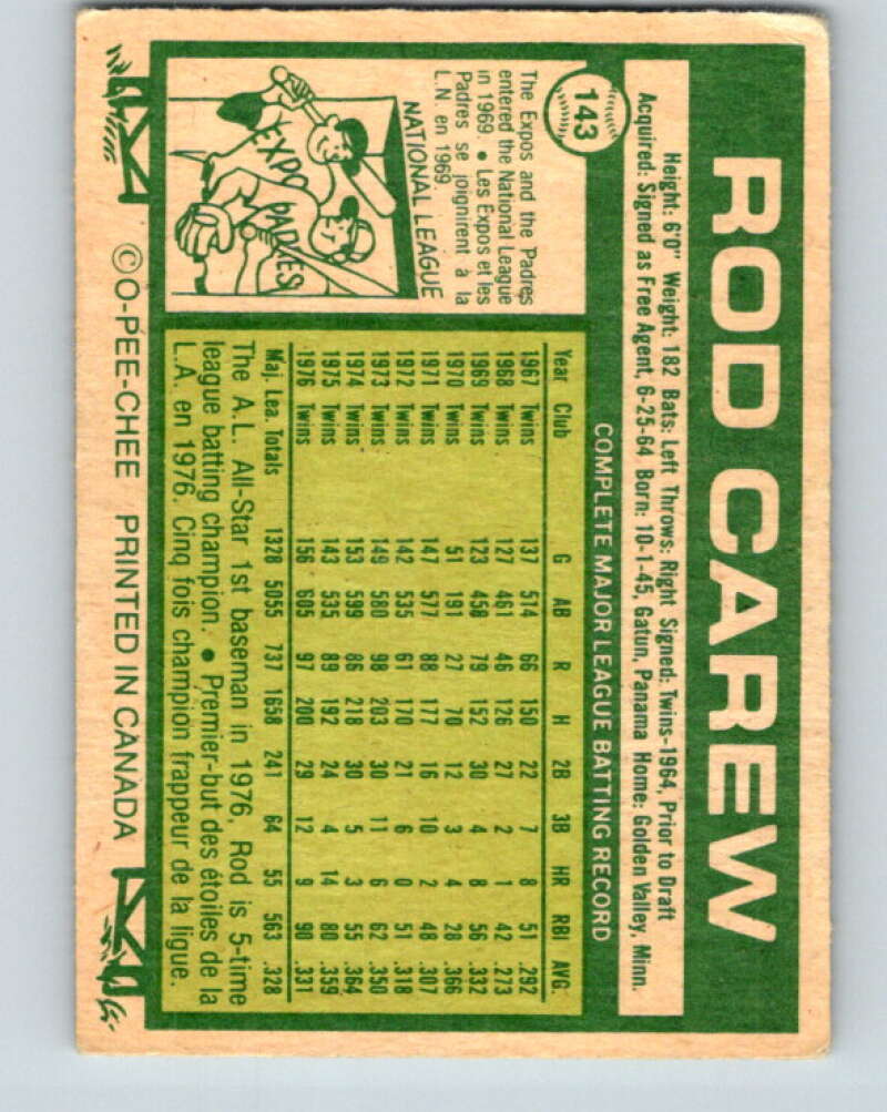 1977 O-Pee-Chee #143 Rod Carew Minnesota Twins V29102