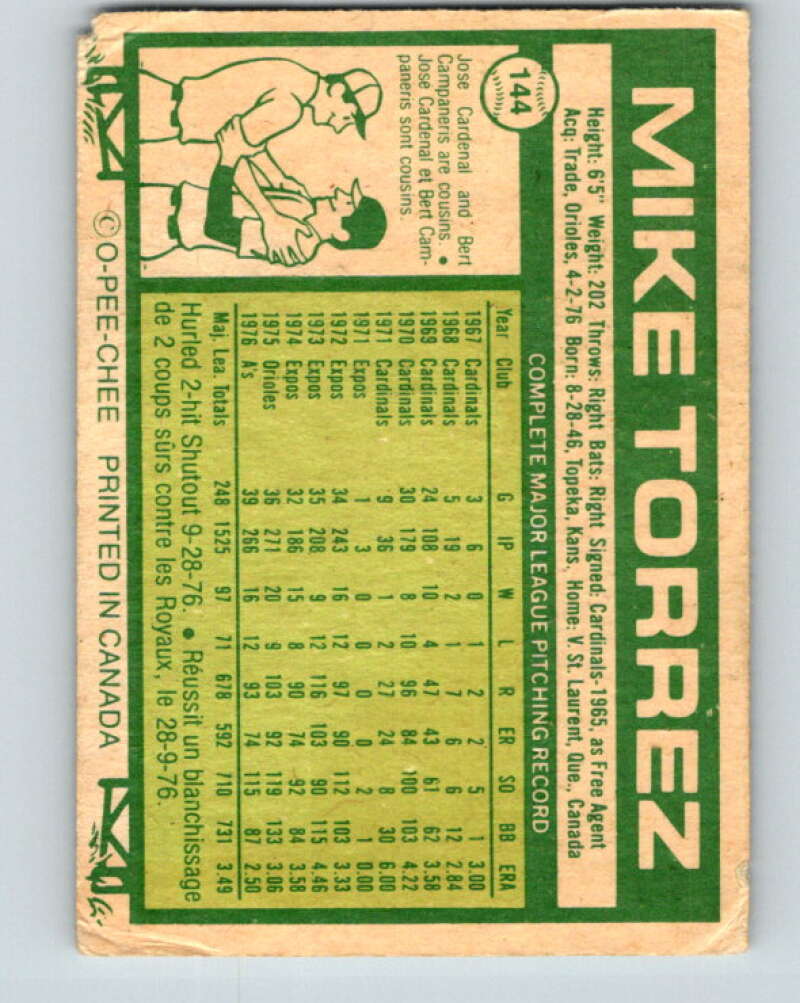 1977 O-Pee-Chee #144 Mike Torrez Oakland Athletics V29103