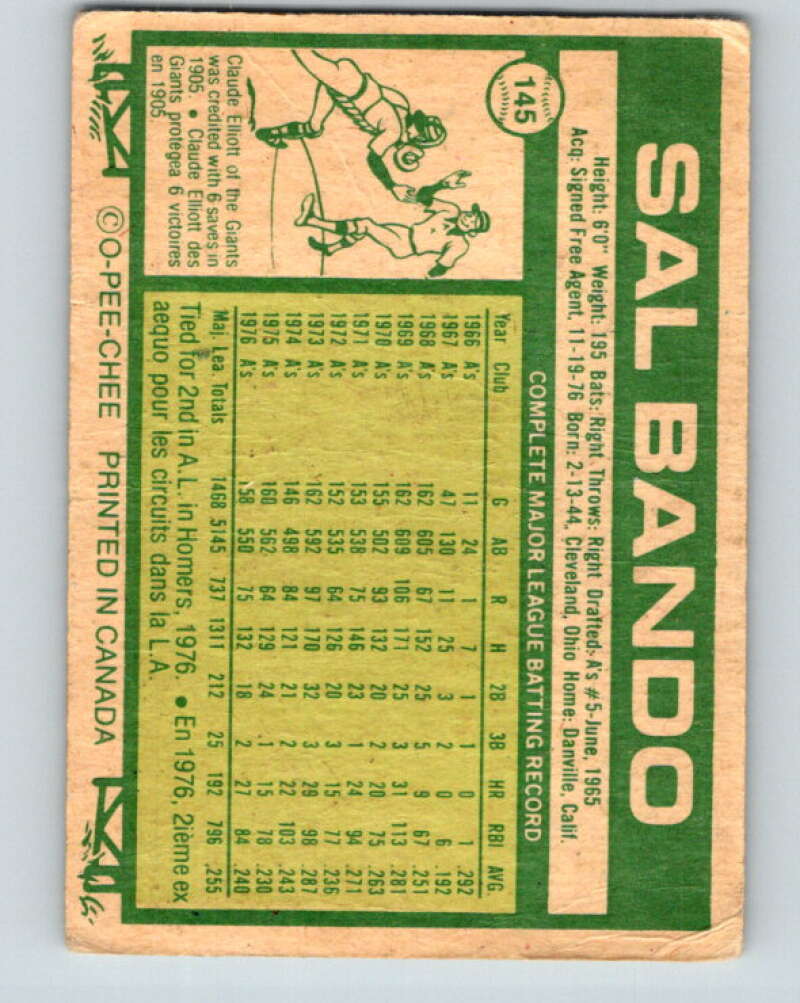 1977 O-Pee-Chee #145 Sal Bando Milwaukee Brewers V29104
