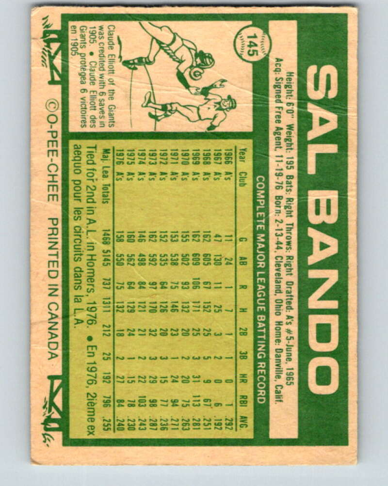 1977 O-Pee-Chee #145 Sal Bando Milwaukee Brewers V29105