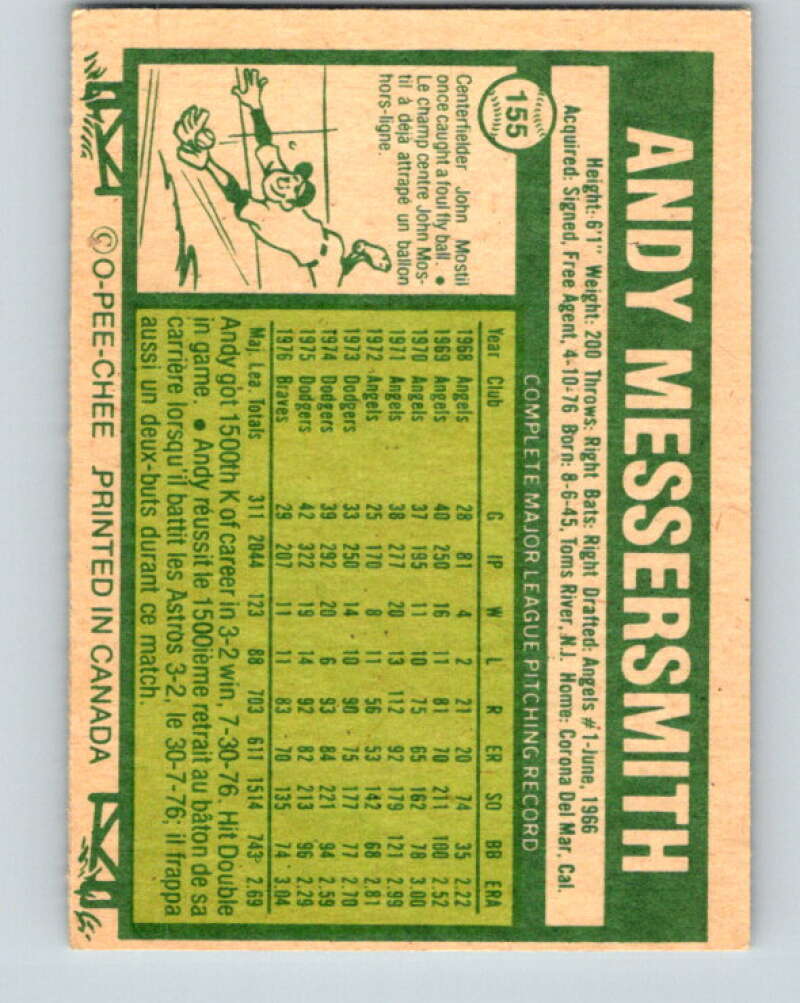 1977 O-Pee-Chee #155 Andy Messersmith Atlanta Braves V29129