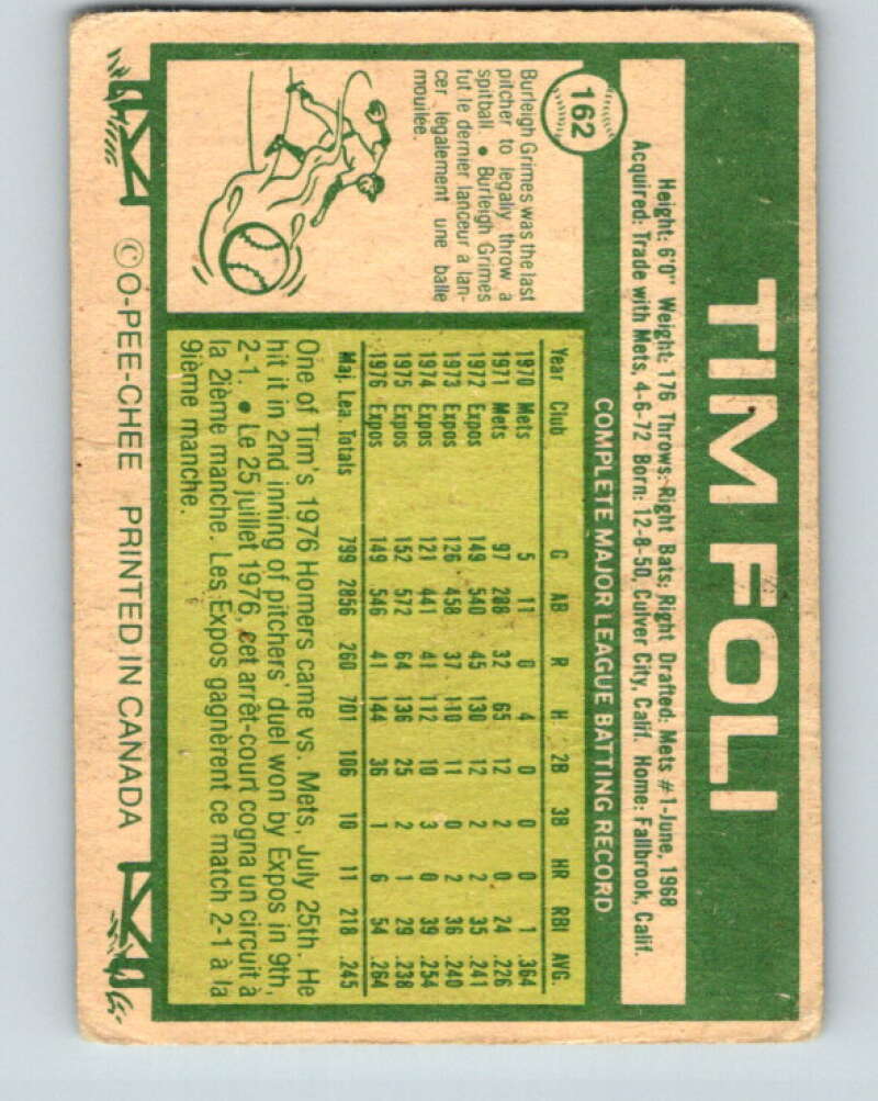 1977 O-Pee-Chee #162 Tim Foli Montreal Expos V29145