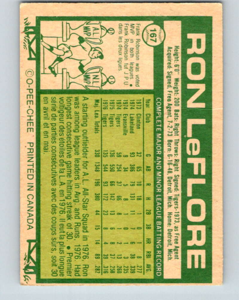 1977 O-Pee-Chee #167 Ron LeFlore Detroit Tigers V29157