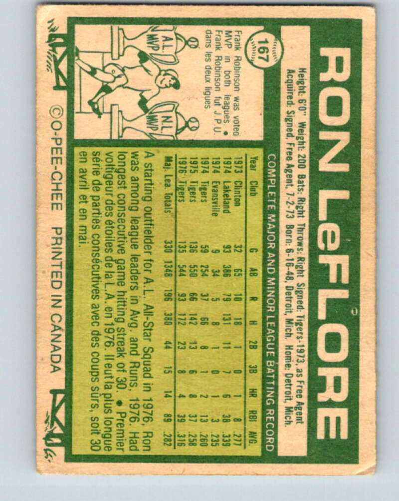 1977 O-Pee-Chee #167 Ron LeFlore Detroit Tigers V29158