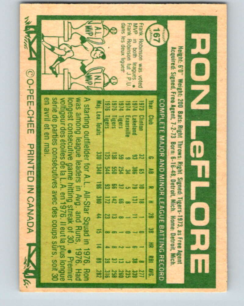 1977 O-Pee-Chee #167 Ron LeFlore Detroit Tigers V29159