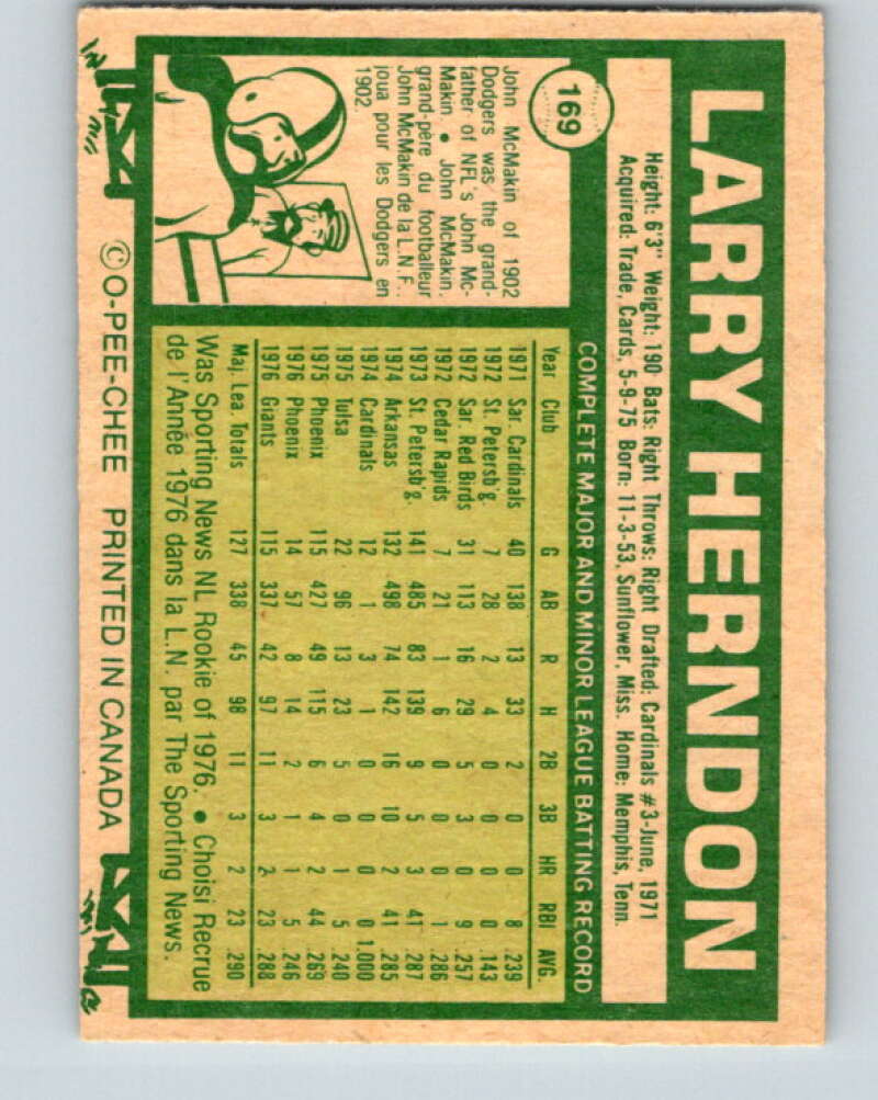 1977 O-Pee-Chee #169 Larry Herndon RC Rookie Giants V29161