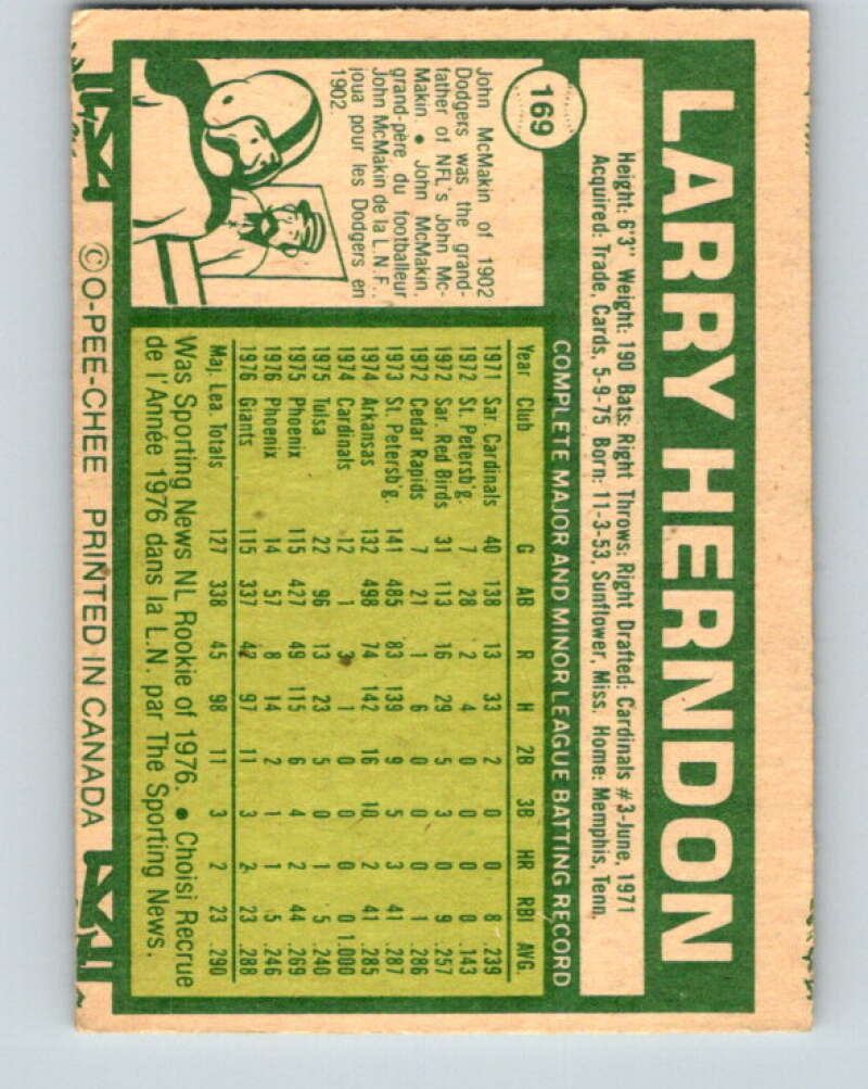 1979 O-Pee-Chee #169 Larry Herndon RC Rookie Giants V29163