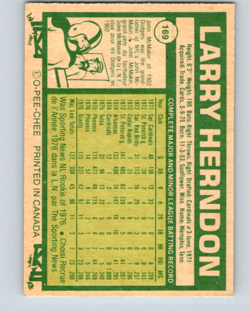 1980 O-Pee-Chee #169 Larry Herndon RC Rookie Giants V29164