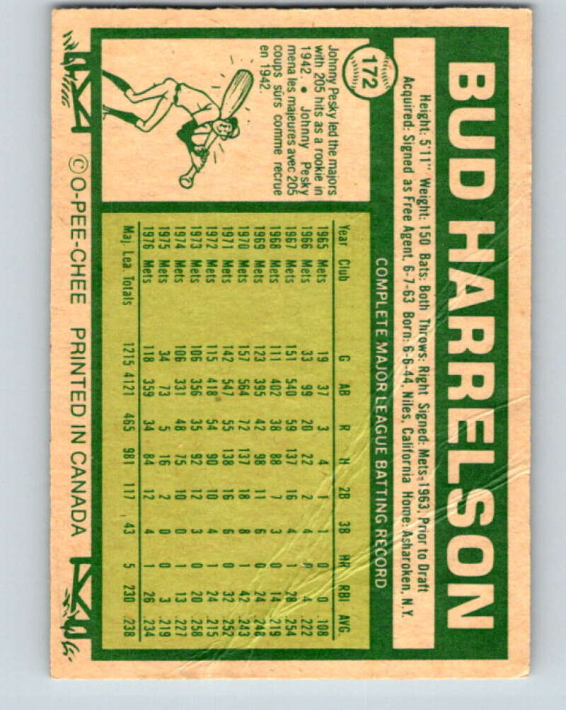 1977 O-Pee-Chee #172 Bud Harrelson New York Mets V29172