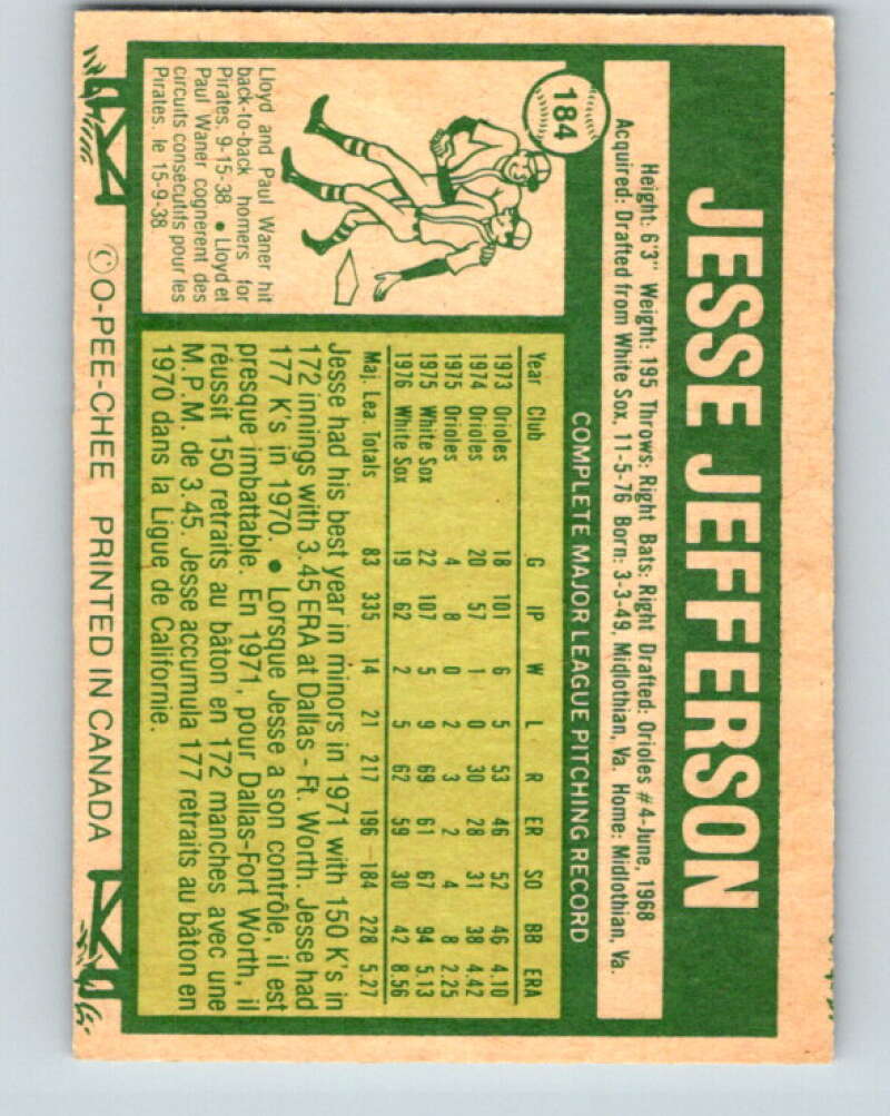 1977 O-Pee-Chee #184 Jesse Jefferson Toronto Blue Jays V29193
