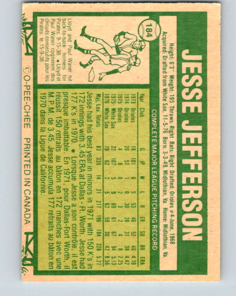 1977 O-Pee-Chee #184 Jesse Jefferson Toronto Blue Jays V29194