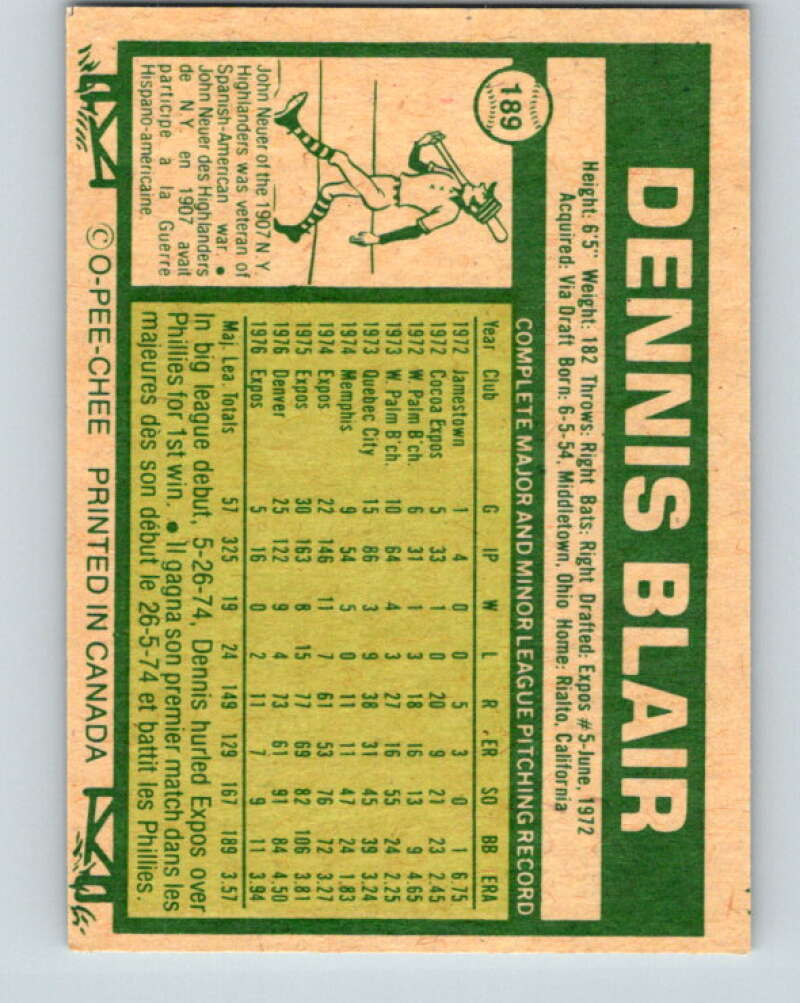 1977 O-Pee-Chee #189 Dennis Blair Montreal Expos V29200