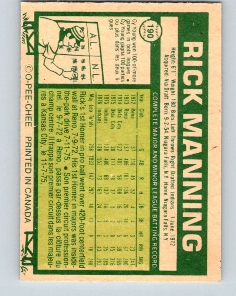 1977 O-Pee-Chee #190 Rick Manning Cleveland Indians V29201