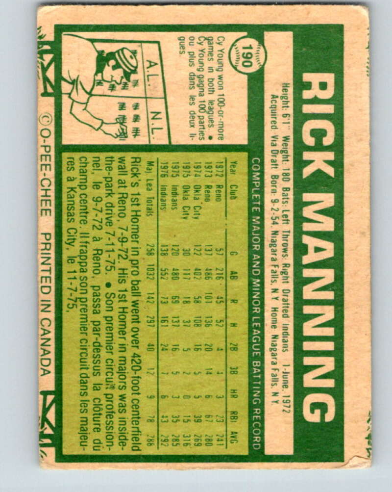 1977 O-Pee-Chee #190 Rick Manning Cleveland Indians V29202
