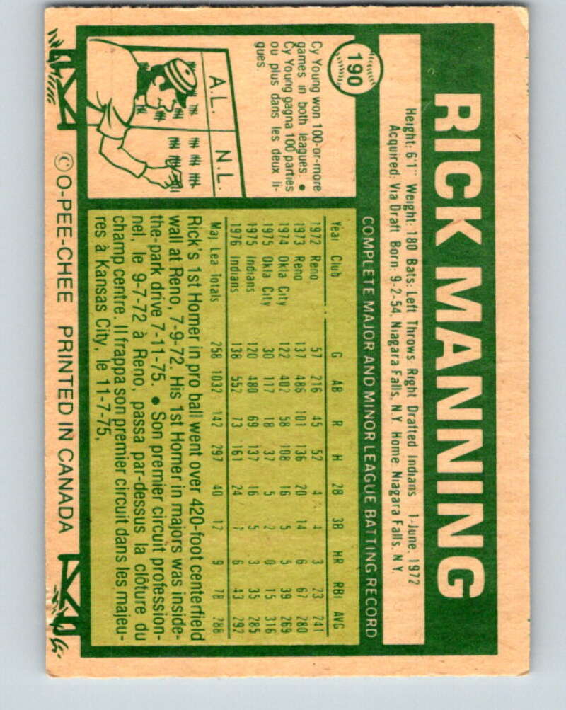 1977 O-Pee-Chee #190 Rick Manning Cleveland Indians V29203