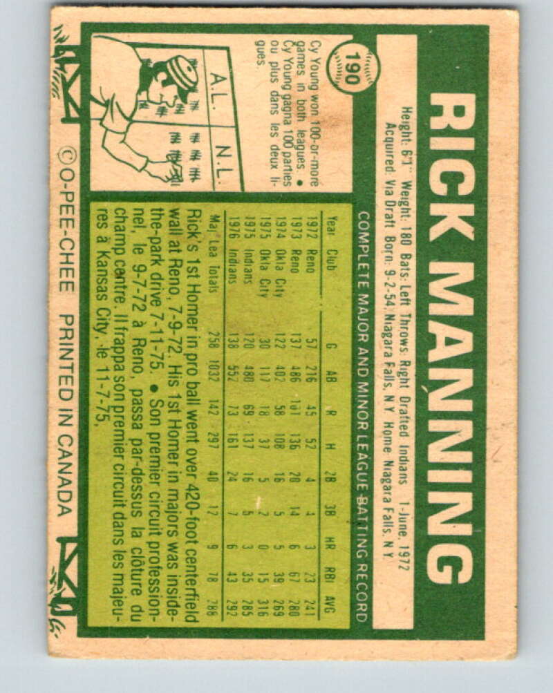 1977 O-Pee-Chee #190 Rick Manning Cleveland Indians V29204