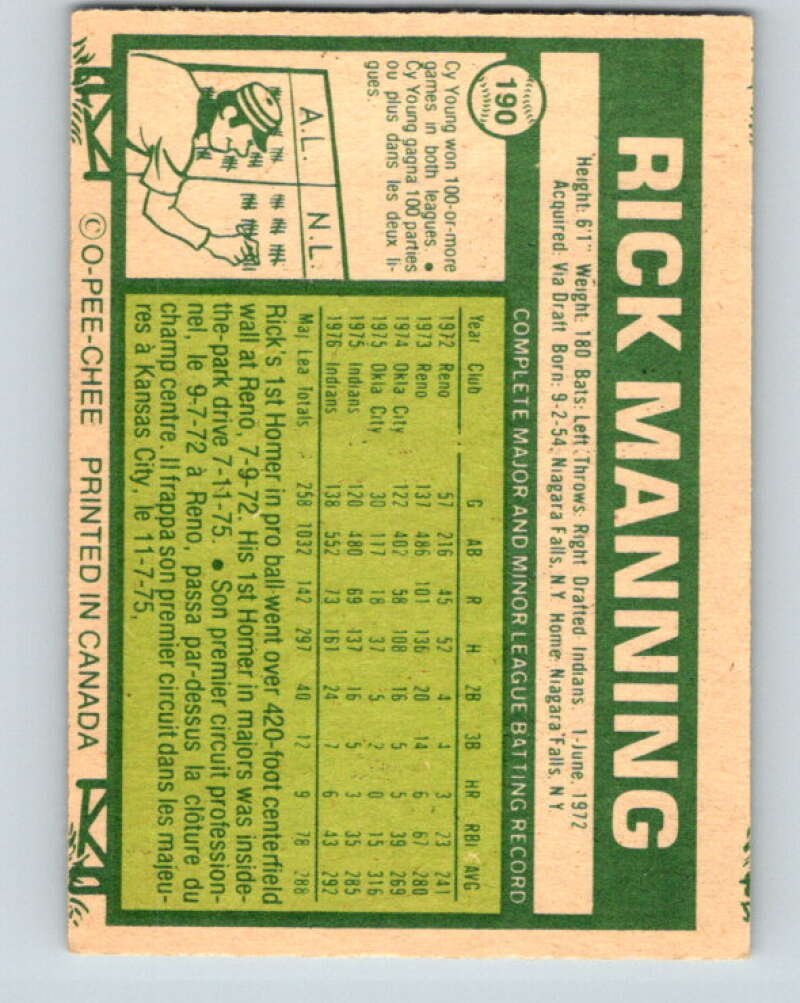 1977 O-Pee-Chee #190 Rick Manning Cleveland Indians V29205