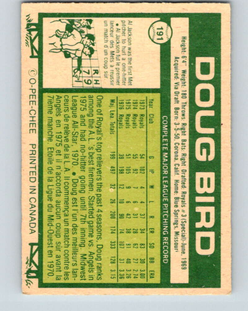 1977 O-Pee-Chee #191 Doug Bird Kansas City Royals V29206