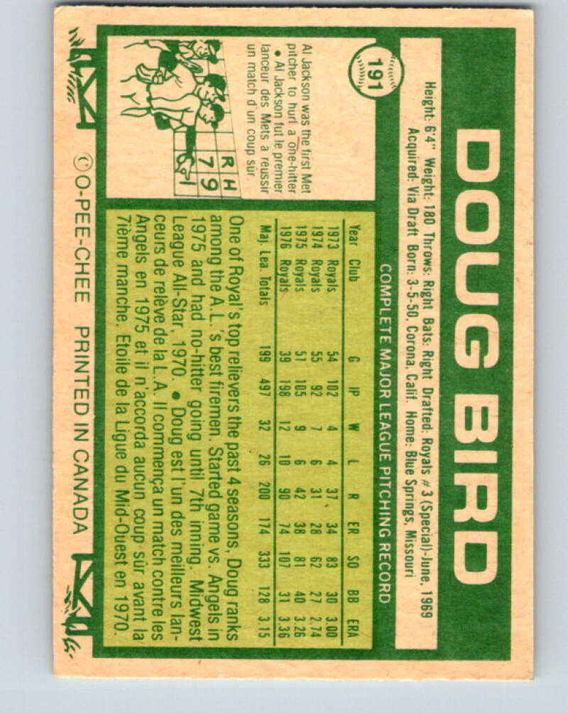 1977 O-Pee-Chee #191 Doug Bird Kansas City Royals V29208