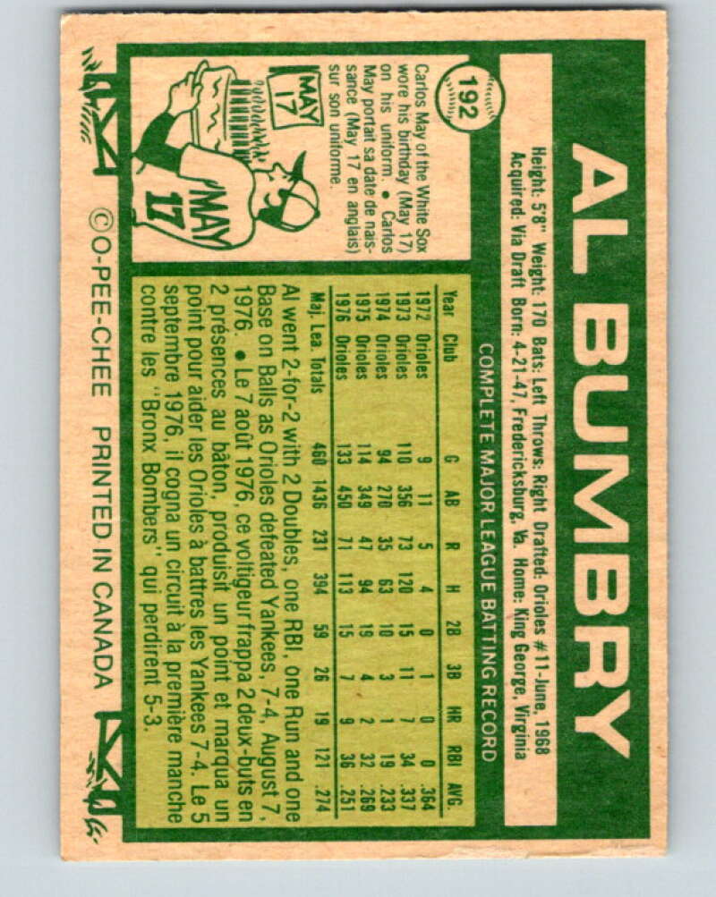 1977 O-Pee-Chee #192 Al Bumbry Baltimore Orioles V29209