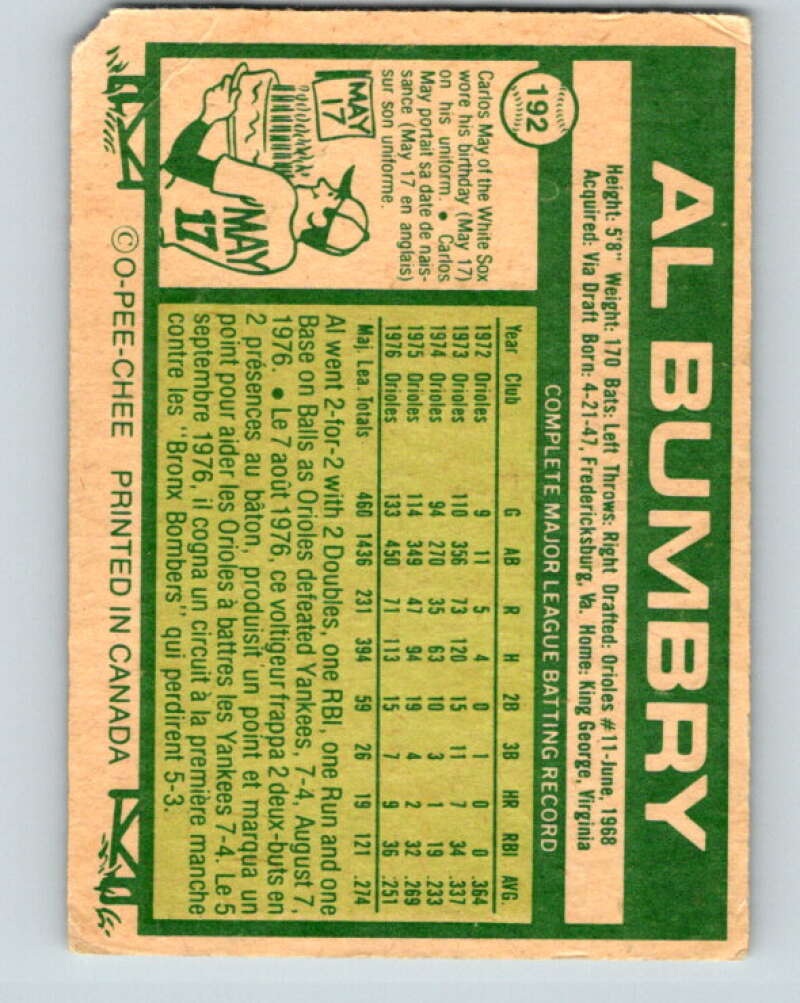 1977 O-Pee-Chee #192 Al Bumbry Baltimore Orioles V29210