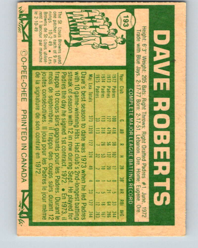 1977 O-Pee-Chee #193 Dave Roberts San Diego Padres V29212