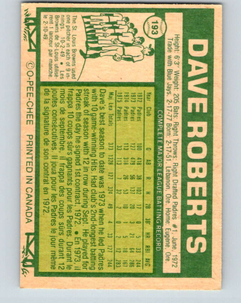 1977 O-Pee-Chee #193 Dave Roberts San Diego Padres V29213