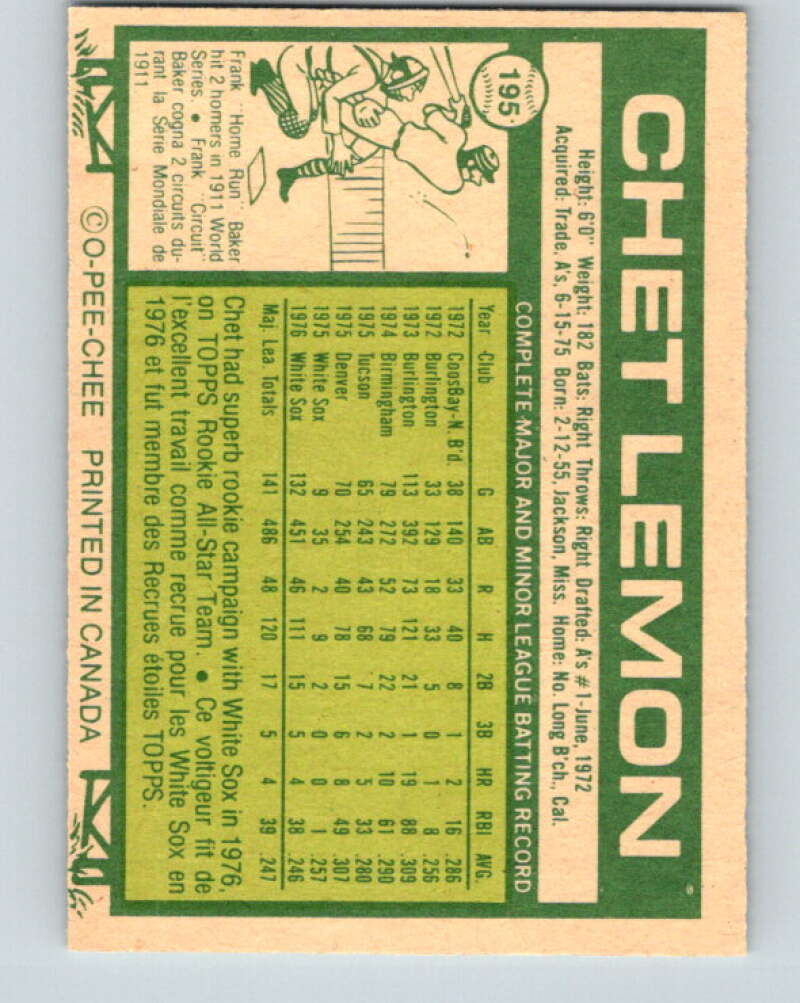 1977 O-Pee-Chee #195 Chet Lemon Chicago White Sox V29214