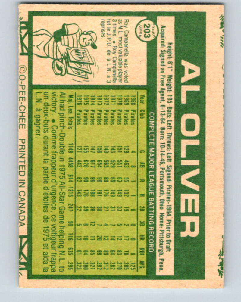 1977 O-Pee-Chee #203 Al Oliver Pittsburgh Pirates V29227