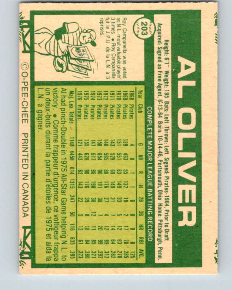 1977 O-Pee-Chee #203 Al Oliver Pittsburgh Pirates V29228