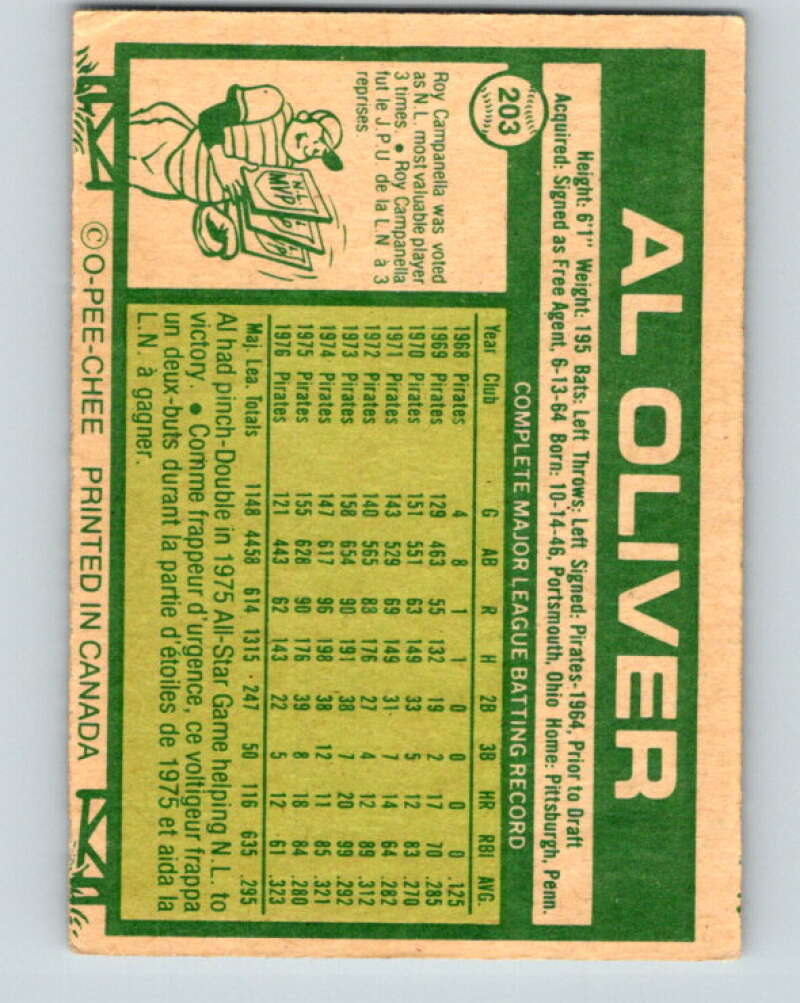 1977 O-Pee-Chee #203 Al Oliver Pittsburgh Pirates V29230