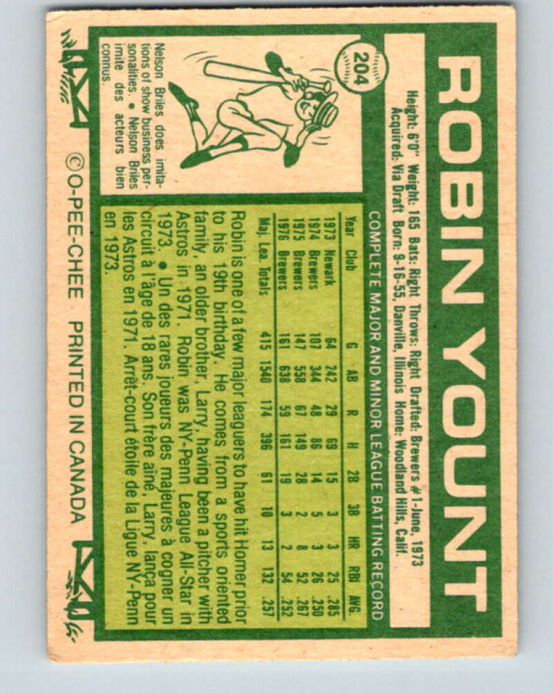 1977 O-Pee-Chee #204 Robin Yount Milwaukee Brewers V29233