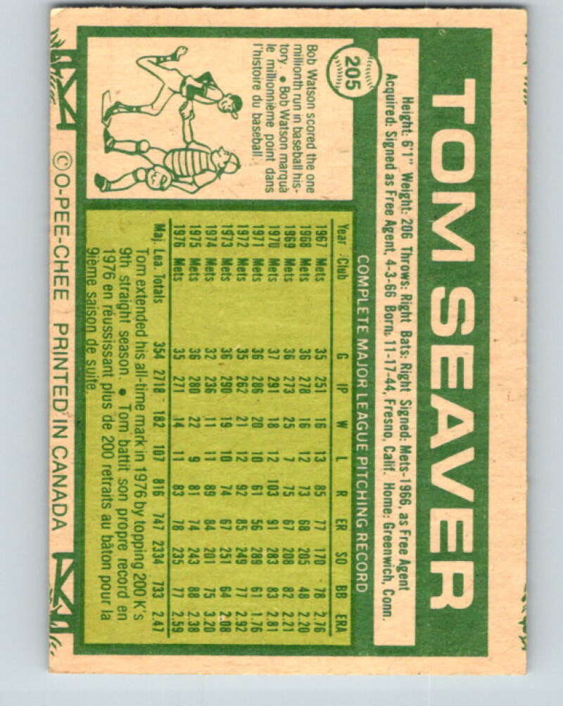 1977 O-Pee-Chee #205 Tom Seaver New York Mets V29236