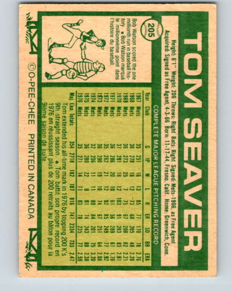 1977 O-Pee-Chee #205 Tom Seaver New York Mets V29237
