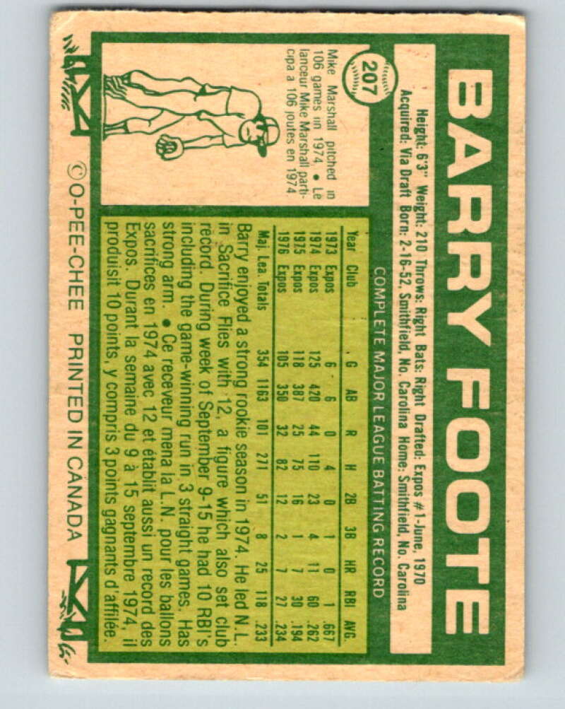 1977 O-Pee-Chee #207 Barry Foote Montreal Expos V29241