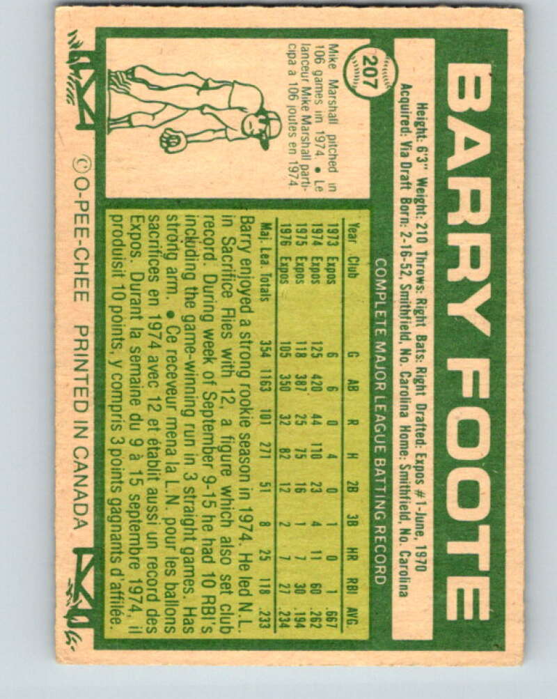 1977 O-Pee-Chee #207 Barry Foote Montreal Expos V29242